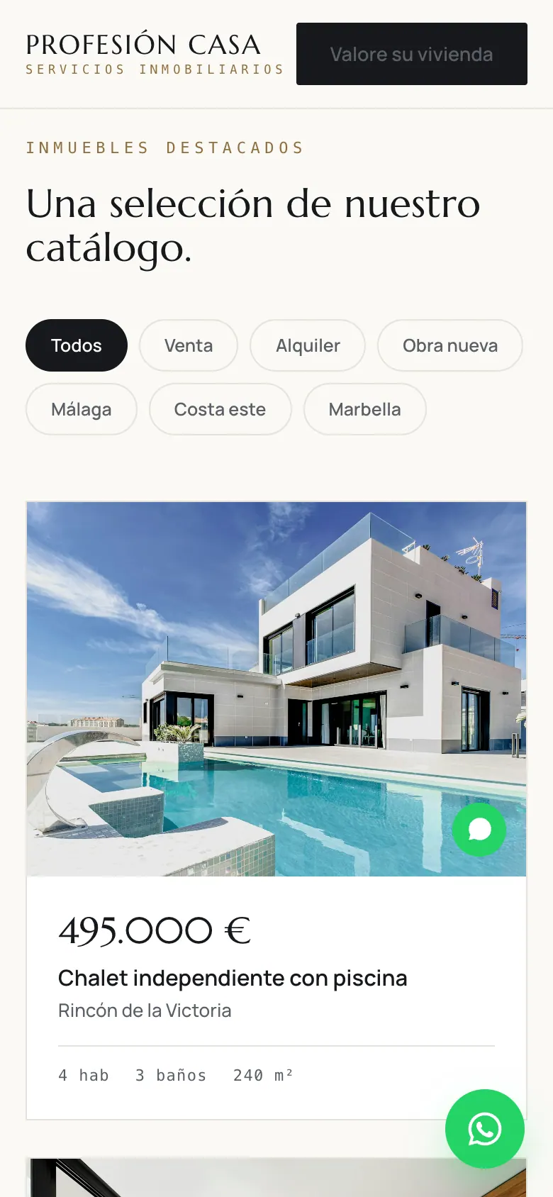 Catalogue mobile avec filtres et première fiche de bien