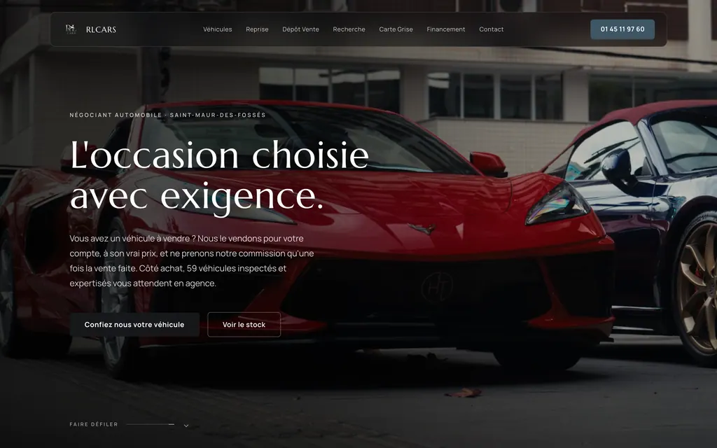 Accueil avec titre sur vidéo de voitures de sport, boutons dépôt vente et stock