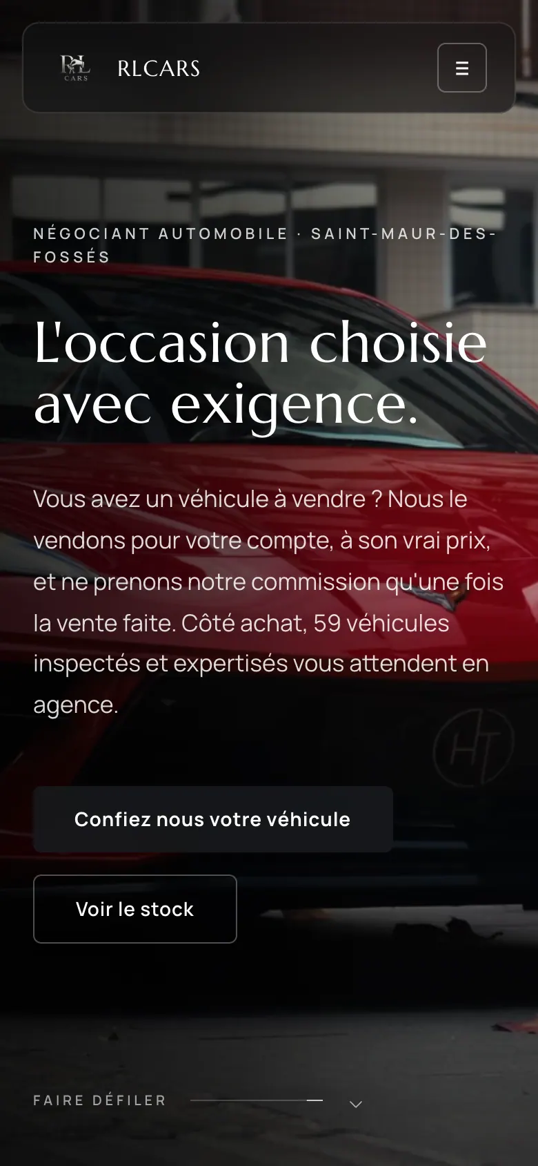Accueil mobile avec titre, texte d’accroche, boutons dépôt vente et stock