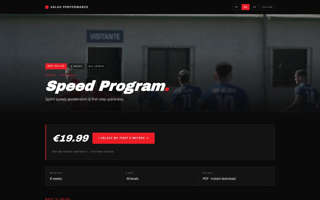 Speed Program landing page with price, purchase button, duration, level and format