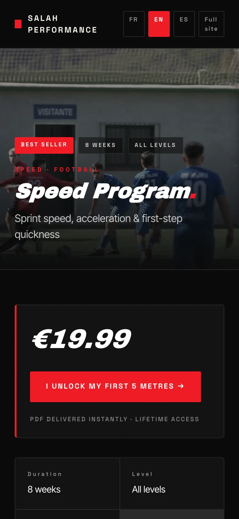 Mobile Speed Program page with badges, price and purchase button